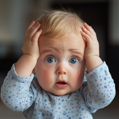 Baby looking confused with hands on the side of their face