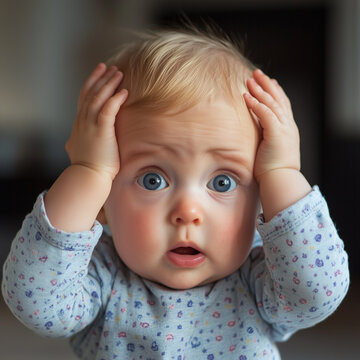 Baby looking confused with hands on the side of their face