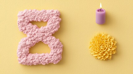 Pink number eight with a lit purple candle and yellow flower on a yellow background.