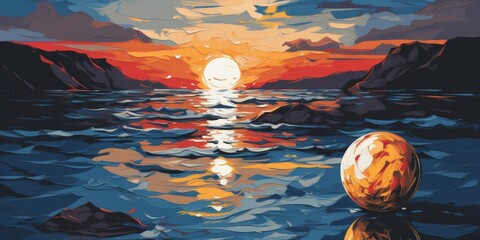 A Golden Orb Reflects the Setting Sun Over a Sea of Blue and Orange, As the Rocky Coastline Fades into the Distance