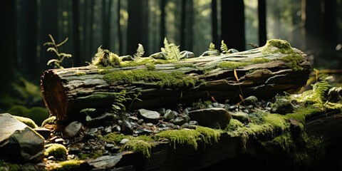 Obraz premium A moss-covered log nestled amongst a bed of pebbles and verdant ferns in a sun-dappled forest