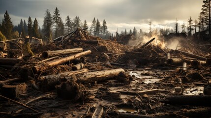 A chaotic landscape of fallen trees and debris, with smoke rising from the remnants of a fire, creating an image of nature's destructive power.
