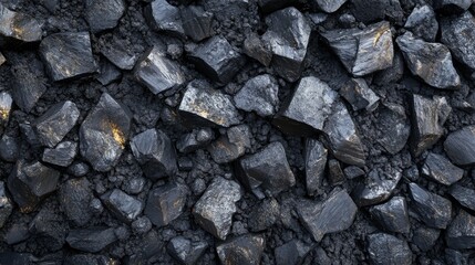 Natural black coals for industrial use, top view. Fuel for the coal industry. 