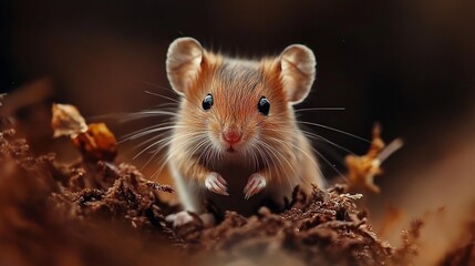 A close-up of a tiny mouse surrounded by soft autumn tones, showcasing delicate details of its fur and curious expression.