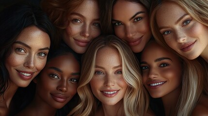Obraz premium models of diverse ethnicities, all with beautiful skin and smiling at the camera, pose in a frontal view with their shoulders visible