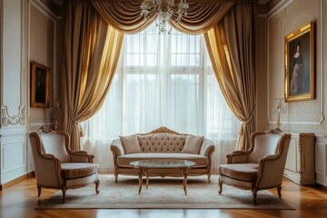 high-ceilinged room with large window