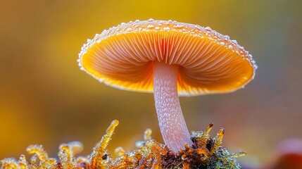 A striking macro of a golden mushroom adorned with dewdrops, glowing in warm light against a soft blurred background.