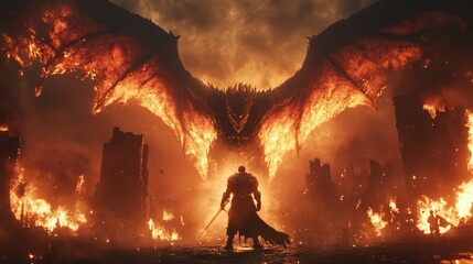 Obraz premium A lone knight stands against a fiery dragon amidst a burning city