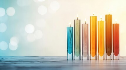 Obraz premium A creative Hanukkah menorah made of colorful glass, glowing in an artistic home, Artistic menorah design, Unique holiday decor