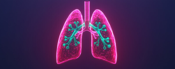 High tech lungs with holographic symbols glowing in vibrant colors