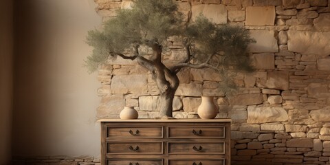 A weathered stone wall with a small tree growing from its surface, a rustic wooden dresser with several drawers sits in front of it, adorned with two simple earthenware pots.