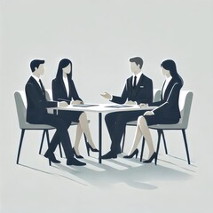 A minimalist illustration of a professional meeting, with four individuals engaged in discussion around a table