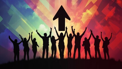 Silhouettes of a group rejoicing in their shared success in a field lit up at sunset. Captures the essence of summer fun and happiness.