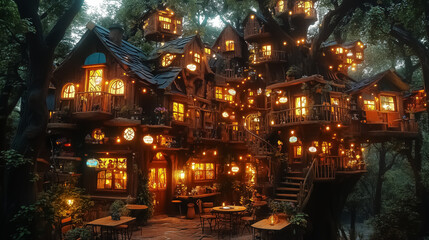 Whimsical treehouse village with glowing lights, ideal for fantasy-themed decor, wall art or storytelling settings, creating a cozy, magical atmosphere for various events.