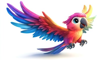 Fototapeta premium Cute cartoon parrot with bright feathers in mid-flight, playful and colorful, isolated on white.