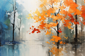 Abstract oil painting of trees with orange leaves on the water, misty forest, foggy morning, reflection in the lake surface, light blue and white color palette, soft lighting, modern art style