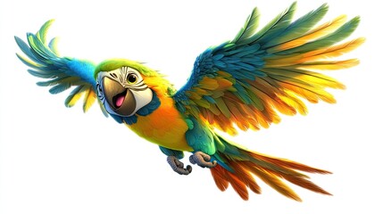 Fototapeta premium Cute cartoon parrot with bright feathers in mid-flight, playful and colorful, isolated on white.