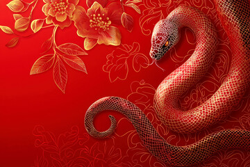 Obraz premium 2025 Chinese New Year, Year of the Snake. Red and gold snake on a red background
