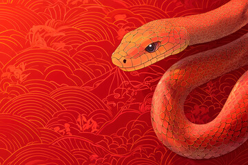 Fototapeta premium 2025 Chinese New Year, Year of the Snake. Red and gold snake on a red background
