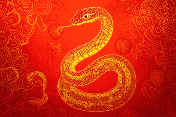 Fototapeta premium 2025 Chinese New Year, Year of the Snake. Red and gold snake on a red background
