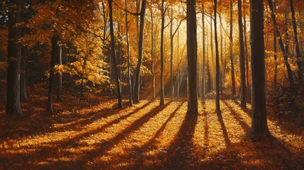 Obraz premium Golden autumn sunlight streams through a dense forest of maple trees, casting long shadows that enhance the richness of the autumn atmosphere. The maple trees create a stunning backdrop.