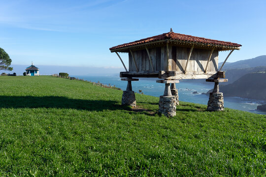 Typical Asturian horreos in Cadavedo, Asturias, Spain