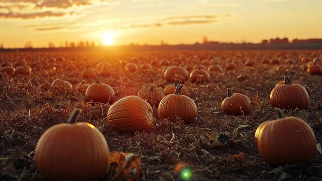 Beautiful sunset over pumpkin field in autumn harvest season