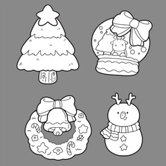 Christmas, cute cartoon, elements, lines, white, coloring, illustration, Santa, card