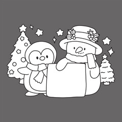 Christmas, cute cartoon, elements, lines, white, coloring, illustration, Santa, card