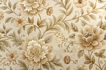 Elegant floral wallpaper featuring soft beige tones and intricate design of blooming flowers and leaves.