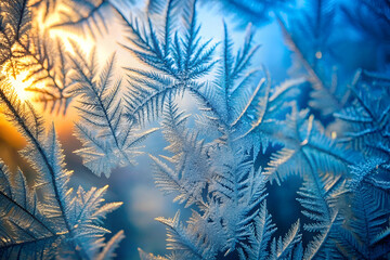 A close-up of frosty leaves, showcasing intricate ice patterns illuminated by warm and cool light.