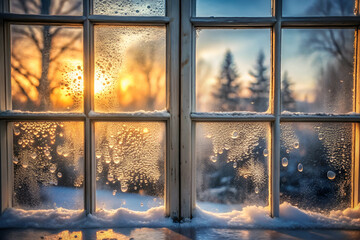 Naklejka premium A frosty window captures a luminous sunset, with droplets glistening and snow adorning the sill, creating a serene winter atmosphere.