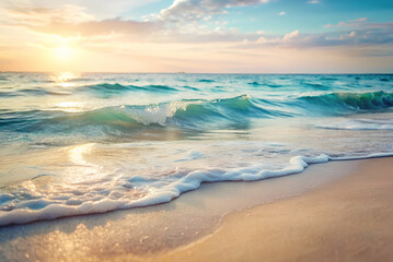 Obraz premium A serene beach scene at sunset, featuring gentle waves lapping against the shore with colorful clouds reflecting the warm light.