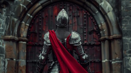 Medieval knight in maroon cloak and detailed armor rests near a wooden door with wrought-iron details. Mystery and anticipation fill the dark background.