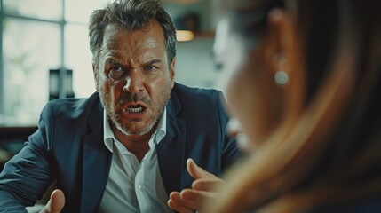 A middle-aged businessman in a suit, angry at a woman in a modern office. Minimalistic decor with gray and white colors.