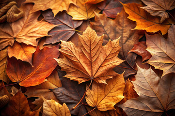 Fototapeta premium A close-up of autumn leaves in various shades of orange, brown, and yellow, creating a textured, colorful carpet on the ground.