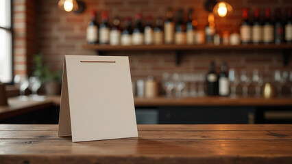 A blank table tent stands upright on a wooden table in an inviting bar filled with wine bottles on shelves.