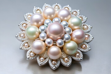 A beautifully intricate brooch featuring a floral design made of various pastel-colored pearls and sparkling embellishments.