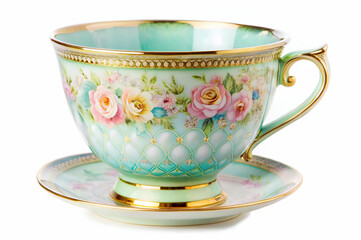 A beautifully designed porcelain teacup with pastel colors and floral patterns, accompanied by a matching saucer, exuding elegance.