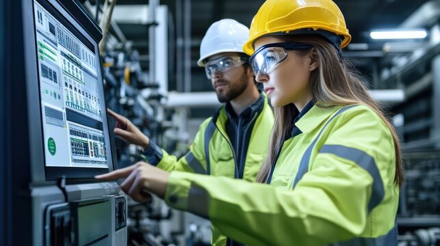 South American engineers creating smart grids for green industrial projects, promoting energy efficiency and sustainability in industrial processes.