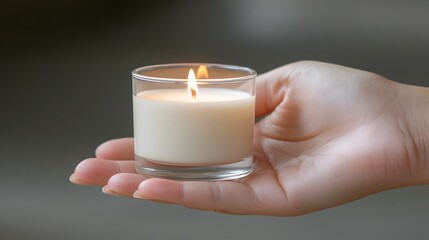 Close up of a person s hand gently cradling a small scented candle the warm flickering flame casting a soothing peaceful glow  Capturing a moment of tranquility self care and a serene ambiance