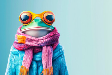 3d colorful frog character in winter clothes/banner/web/design/