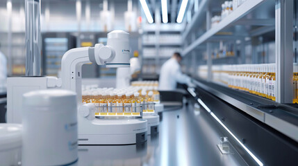 Obraz premium Modern laboratory scene featuring robotic equipment handling samples, illustrating automation in scientific research, biotechnology, and pharmaceutical development