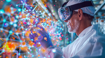 Scientist in lab coat and AR headset interacting with virtual molecular structures, representing innovative research methods in chemistry, biotechnology, and data visualization