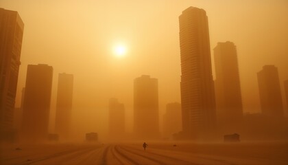 Fototapeta premium Dusty Metropolis Under Harsh Sunlight in Desert Storm
