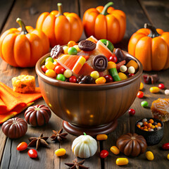 A bowl overflowing with Halloween candy, featuring colorful chocolates
