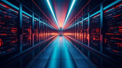 Obraz premium Futuristic server room with vibrant blue and red lights