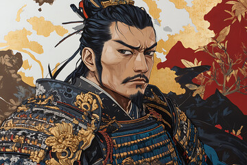 The illustration depicts Oda Nobunaga, the legendary 16th-century Japanese warlord and samurai, known for his ambition to unify Japan during the Sengoku period