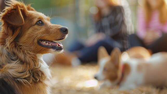 Vague shapes of animals stretching and playing with potential adopters in the background.