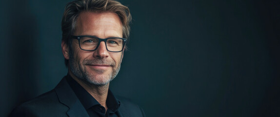 Obraz premium A mature man wearing glasses and a dark suit, displaying a confident and relaxed smile, exuding wisdom and assurance against a dark background.